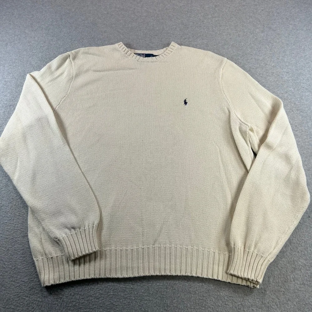 Polo Ralph Lauren Sweater Mens XXL Cream Beige Crewneck Cotton Knit Pony Logo
